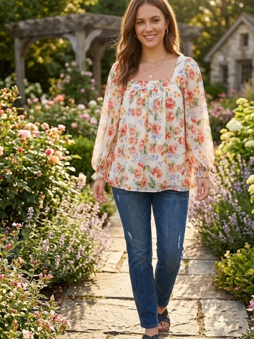 LC Lauren Conrad White Floral Peasant Top with Coral Blooms